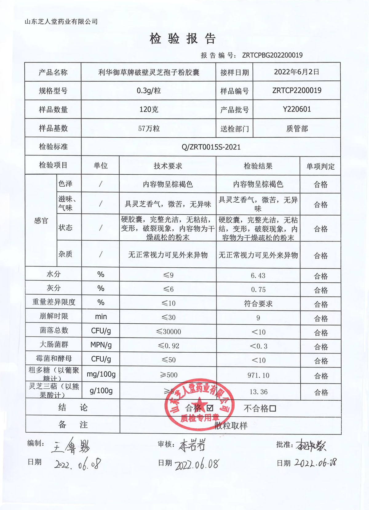 Y220601利华御草牌破壁灵芝孢子粉胶囊厂检报告